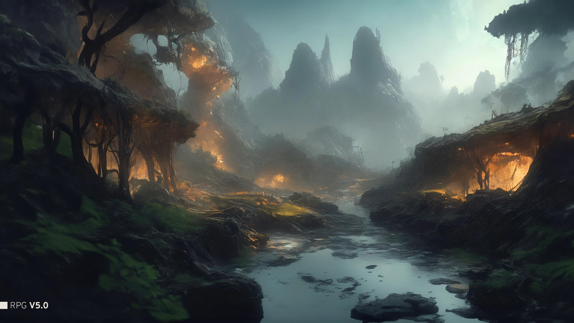 A mystical scene of a river flowing through a mountainous landscape with misty skies.