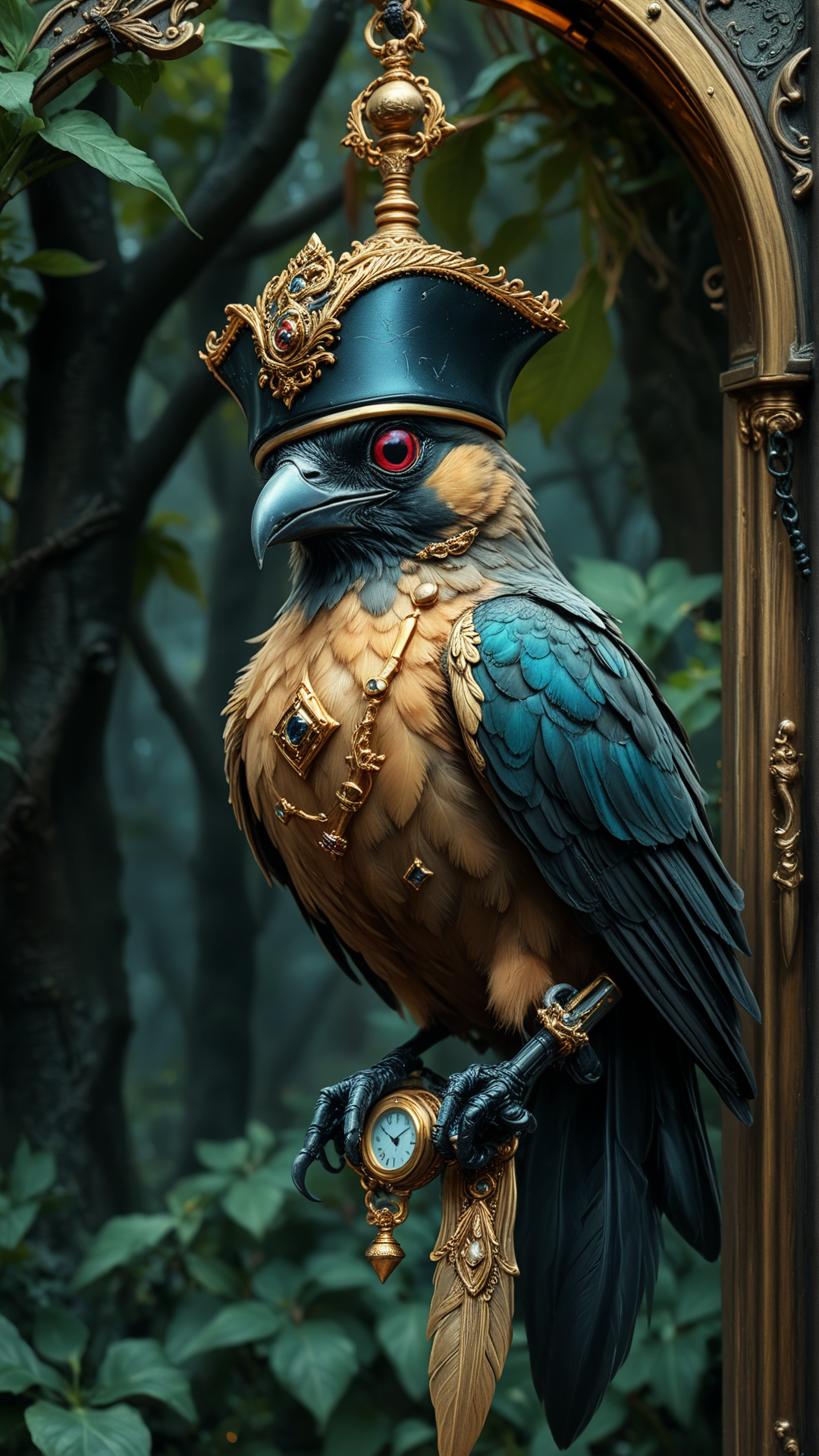 <lora:P1r4t3LuxStyleSDXL:1.6>P1r4t3LuxStyle Fantasy illustration of a vibrant, colorful bird perched on a timeworn pocket watch, singing. Dimly lit garden of shadows in the background, night scene, detailed feathers, glowing eyes, intricate pocket watch details, soft focus on the bird, sharp focus on the pocket watch, warm and cool color tones, watercolor texture, digital painting, artstation, concept art, dramatic lighting, illustration, wide angle, artbook, wallpaper, splash art, promo art