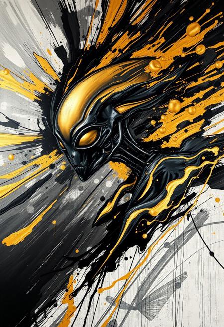 A hyper-stylistic, extremely detailed image depicts a breathtaking painting, crafted from a combination of smeared black and gold metallic paint. A alien is captured in a streaked motion, as if it is moving rapidly in one direction. The black paint is applied in bold, dynamic strokes, creating a sense of energy and movement that is contrasted beautifully by the golden accents. The gold paint is used to highlight the aliens features, adding a sense of depth and dimensionality to the image. The overall effect is one of breathtaking, surreal dynamism, as if the viewer has captured a fleeting moment in time. Every detail of the image is meticulously crafted, from the delicate, swirling patterns of the gold paint to the intricate, textured patterns of the black paint. The contrasts between light and dark, color and texture, create a sense of tension and energy that draws the viewer in, inviting them to explore the kinetic world of the painting. highest-Quality, intricate details, visually stunning, Masterpiece