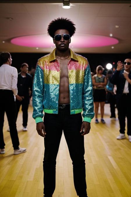raw photo, upper body, disco, (80s, retro:1.1), dance floor, lasers, rainbow theme, a dancer man, 30 years old, sunglasses, big afro, (manly, wide jaw:1.2), dark skin, sparkly jacket, golden shirt, (vibrant colors:0.9), film grain, bokeh, fashion magazine