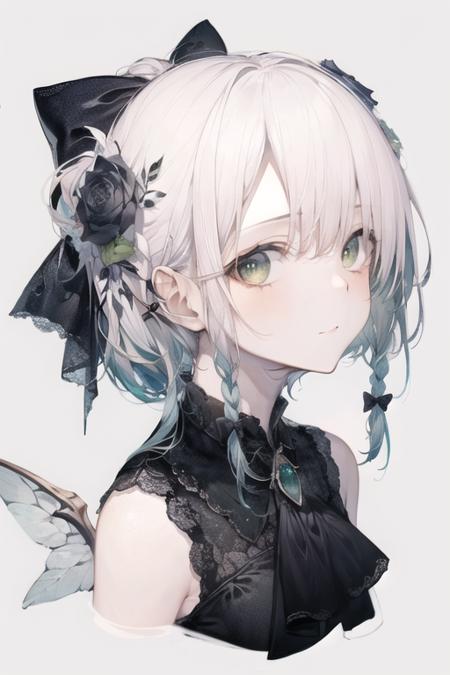 1girl, braid, white hair, solo, looking at viewer, flower, simple background, green eyes, hair ornament, twin braids, portrait, bangs, bow, closed mouth, brooch, ascot, hair between eyes, jewelry, gem, hair bow, black bow, black flower, rose, cropped shoulders, wings, short hair, blush, white wings, white ascot, black rose, green background, animal, ponytail, hair flower,  <lora:hito_loha_v1d:0.7>