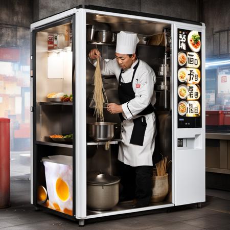 a chef is working inside a ramen vending machine, workinvendingmachine, very tight working space, photo realistic, ((masterpiece)),((best quality)),8k,high detailed,ultra-detailed, <lora:WorkInVendingMachineXL:0.85>, detailed face