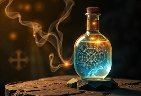 ancient mana potion, glowing ethereal liquid, shimmering with mystical energy, crystalline bottle, intricate runes carved into the glass, celestial blue and golden hues, softly glowing vapor rising from the potion, suspended particles of light within the liquid, swirling magical essence, divine aura, sacred elixir of the gods, delicate floral and herbal aromas, golden cap adorned with ancient symbols, floating in mid-air, surrounded by soft magical light, radiant energy pulsating from the potion, high resolution, photorealism, ((masterpiece)), aura of divine power, ancient and revered, soft glowing runes on the bottle's surface, potion bottle resting on a stone altar, cosmic patterns swirling in the potion, shimmering like the night sky, mythical ingredients infused within