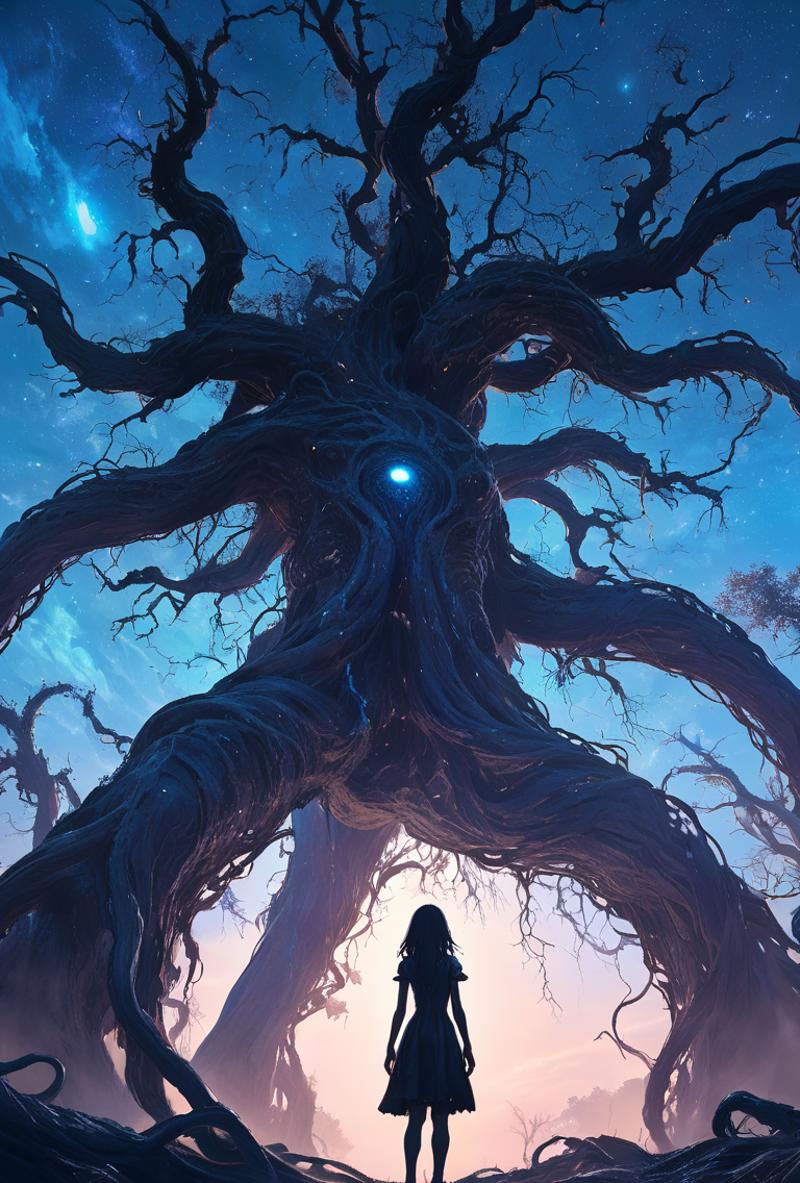 A person standing beneath a massive tree in a forest.
