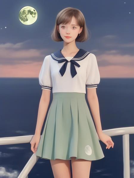 masterpiece, best quality, moon, sky, girl, short hair, light blush, green eyes, small breasts, Sailor dress, loose socks, mary_janes, <lora:sl_lye:1>