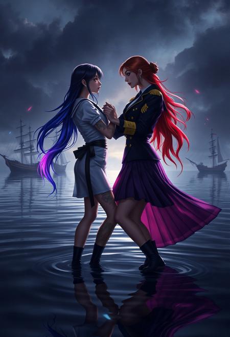 hyper-realistic, photo-realistic, ultra detailed, epic, highly aesthetic, ultra high resolution, 8k, 4k, intricate, ornate, dramatic, dynamic pose, black, azure blue, deep purple, crimson red, translucence, subsurface scattering, iridescence, detail,Masterpiece,Best Quality,beautiful,high res vibrant, highly detailed, award-winning, professional.2girls, female pirate dancing with female sailor, pirate Princess extraordinarily beautiful, dancing with Beautiful feminine sailor, navy captain landy brown hair, Romantic dance,,Elegant movements,prt,mutual harmony,symbolism of love, Reflections, Unsettling reflection in dark still water, rainbow hair , sapphic  , magical, alluring, sultry, bright, , Magical beautiful background nautical fantasy,  sky-pirate captain, long black hair with red streaks, military officer uniform, gold buttons, Epaulettes, muscular thighs pleated skirt, tattoos, fleet of pirate ships at anchor in background,hyperrealistic photograph, gothic horror ,light from below style, vogue