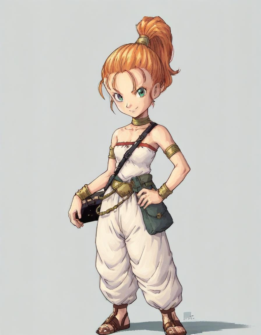 <lora:MarleCTPony (1):0.8> marle, 1girl, orange hair, solo, ponytail, choker, green eyes, tube top, jewelry, bare shoulders,smile, pouch,  quiver, sandals, bracelet, armlet,harem pants, score_9, score_8_up, score_7_up, score_6_up, score_5_up, score_4_up, looking at viewer,hand on hip, cowboy shot