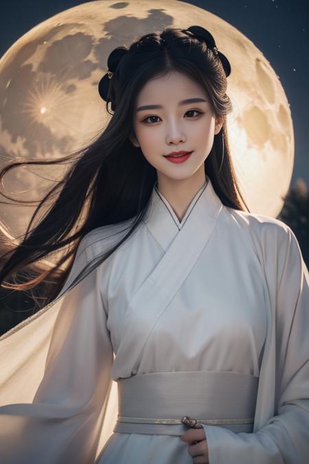 ltra-detailed,highly detailed,best quality,masterpiece,illustration,realistic,photorealistic,
hanfu, 1girl, solo,
upper body, looking at viewer, smile,
outdoors,sky, day, cloud, night,moon,wind, floating hair, floating clothes,
<lora:white hanfu_v1_01:0.7>