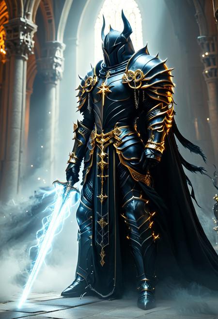 A dark and imposing figure stands in a majestic and dimly lit cathedral. The figure is clad in elaborate black Gothic armor adorned with gold-plated crosses and chains, holding a large sword in his hand (A white and black double-bladed sword with an ominous aura), giving off a religious yet sinister impression. His helmet is tall, almost bishop-like, with a faceless visor that does not reflect light, adding to the air of mystery. The figure holds a menacing staff, with a design of a spiked circular cross on top, which looks both ceremonial and like a weapon. The details of his armor include ornate carvings and mechanical components, blending medieval design with a futuristic, almost steampunk aesthetic. The atmosphere is solemn, with the dim, ethereal light from the cathedral's tall windows casting a cold glow on the dark figures, emphasizing the contrast between the shadows and the metallic details. <lora:Magic_of_Art_(FLUX).safetensors:1.0>, <lora:BeautyInEvilFlux.safetensors:0.75>,