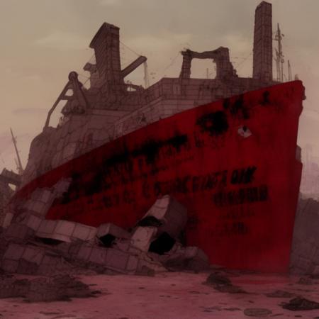 a giant shipwreck of a container ship, art by (akira4:0.9)