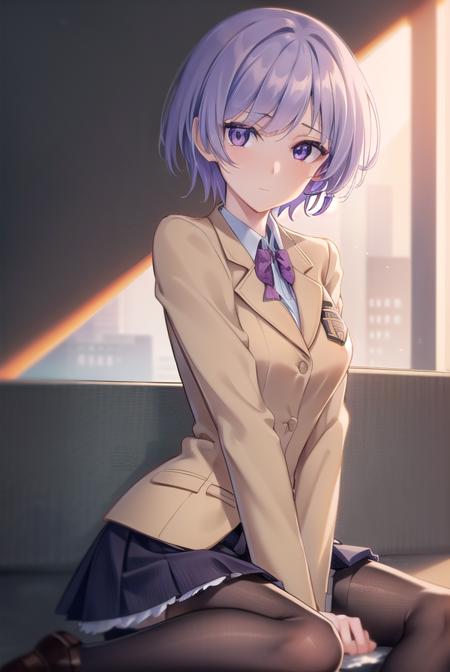 ayasekishimoto, <lora:ayasekishimototest:1>,
ayase kishimoto, short hair, purple eyes, purple hair,
BREAK skirt, school uniform, jacket, pantyhose, black pantyhose, blazer, (brown blazer:1.2), (brown jacket:1.2),
BREAK looking at viewer,
BREAK indoors, classroom,
BREAK <lora:GoodHands-vanilla:1>, (masterpiece:1.2), best quality, high resolution, unity 8k wallpaper, (illustration:0.8), (beautiful detailed eyes:1.6), extremely detailed face, perfect lighting, extremely detailed CG, (perfect hands, perfect anatomy),