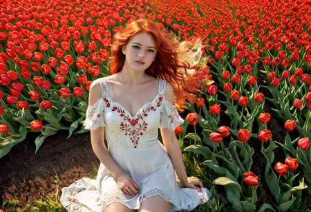 Full body portrait 1woman. (lovely red tulips flower field: 1.9). Red hair, loose hair, windy. White dress with embroided red flowers. Early hour, bright red sun, (Nue artistique, entirement nue: 1.9). Sit on the grass in a garden. Milo Manara's style.photo. SFW
