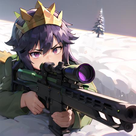 dn_archerqueen_anime, holding an awp sniper rifle, modern sniper rifle, black gun, snowy tundra environment, realistic, photograph, high quality, 4k