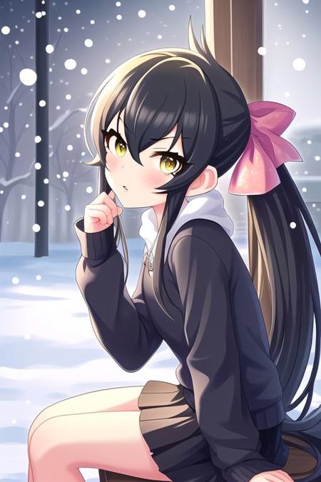 Matoba Risa,
1girl, aqua bow, black hair, black skirt, blush, bow, from side, hair between eyes, hair bow, indoors, long hair, looking at viewer, miniskirt, parted lips, sitting, skirt, snowing, solo, twintails, very long hair, yellow eyes
<lora:u149-v3.1:1>