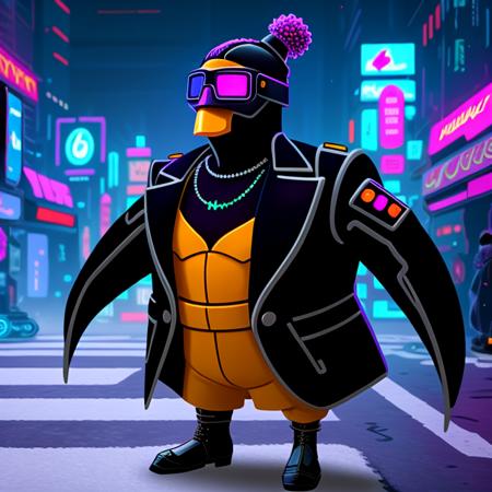 penguin Pinn, (cyberpunk outfit:1.2) <lora:Smeshariki0.5-000004:0.65>