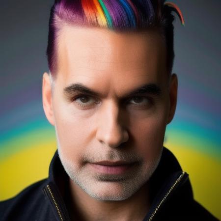 analog style, modelshoot style, portrait of sks man by Flora Borsi, style by Flora Borsi, bold, bright colours, rainbow Mohawk haircut, ((Flora Borsi)),  <lora:larr3ta-10:1>