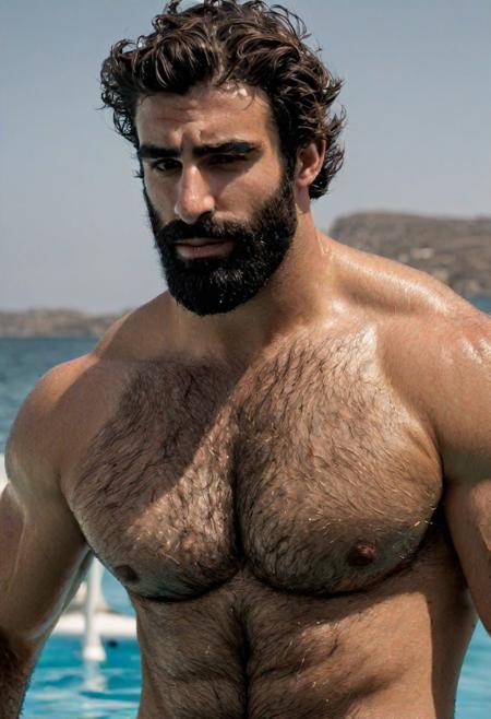 A hairy chested Greek fit hairy man, sexy, hunk, muscled, hairy legs, hairy arms, swimmer, muscled, 4k, high quality