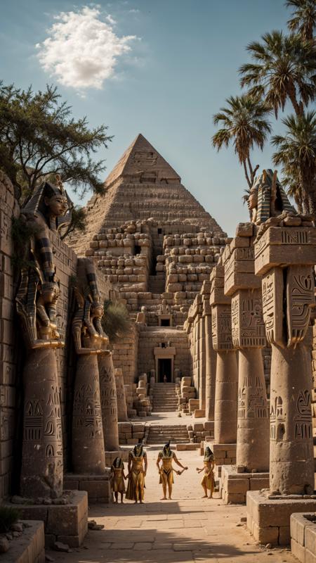 a portrait of mysterious entities, scary grin512, <lora:XSArchi_127:0.3> fantasy egyptian tribal cities, ((pharaoh, villages, family:1.3)), (stone, ethnic engraving), neanderthal and homo sapiens war, pyramid, market, donkey, majestic apartment, tree house, golden cities, wonderful cinematic, futuristic, scifi, magical, <lora:djzMarketplaceV21:0.2> marketplace style, crowd, people, standing, building, pottery, garden, ((perfect quality)), <lora:add_detail:1>