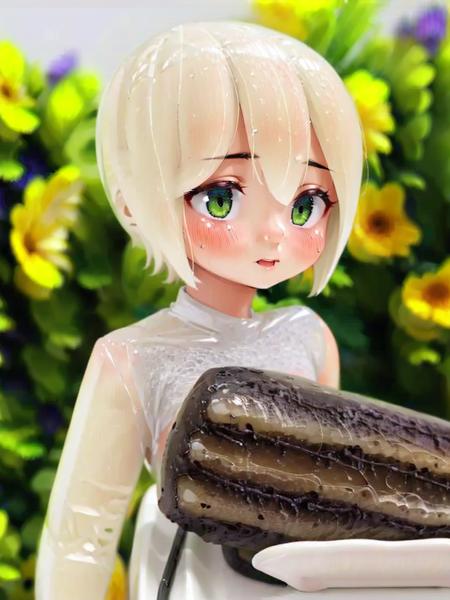 ((((1girl)))), white apron,blonde hair,short hair, green eyes, small  breasts, holding plate,  shuanggaorun, female focus, upper body  <lora:Shuanggaorun:1>