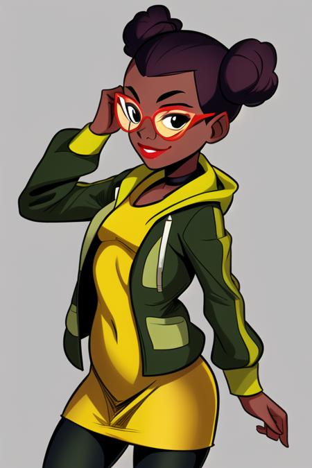 <lora:april_rtmnt:0.7>  masterpiece, best quality, 1girl, solo, smile, short hair, dark skin, black eyes, double bun, makeup, glasses, lipstick, dot pupils, simple background, yellow drees, green jacket, open clothes, black leggins,