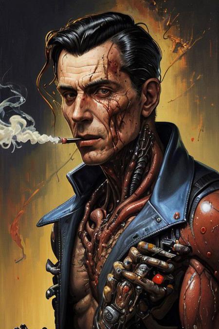 goopy vincent di fate norman rockwell portrait of a man smoking a cigarette highly visceral viscera gory gore technology cyborg augmentations biopunk biomechanical