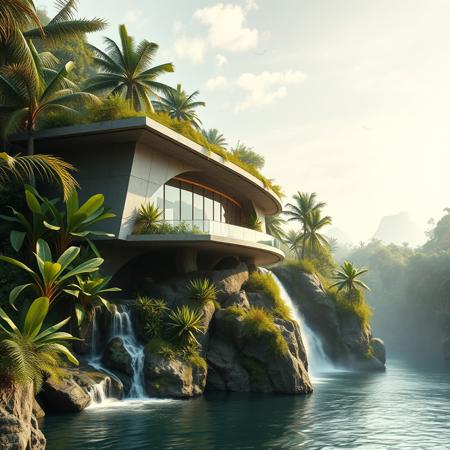 A futuristic concrete modern house on a waterfall, with exotic luxuriant vegetation around, in a tropical jungle setting, photorealistic, a masterpiece, 4K, high details