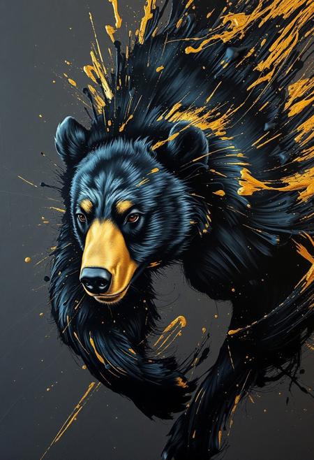 A hyper-stylistic, extremely detailed image depicts a breathtaking painting, crafted from a combination of smeared black and gold metallic paint. A bear is captured in a streaked motion, as if it is moving rapidly in one direction. The black paint is applied in bold, dynamic strokes, creating a sense of energy and movement that is contrasted beautifully by the golden accents. The gold paint is used to highlight the bear's features, adding a sense of depth and dimensionality to the image. The overall effect is one of breathtaking, surreal dynamism, as if the viewer has captured a fleeting moment in time. Every detail of the image is meticulously crafted, from the delicate, swirling patterns of the gold paint to the intricate, textured patterns of the black paint. The contrasts between light and dark, color and texture, create a sense of tension and energy that draws the viewer in, inviting them to explore the kinetic world of the painting. highest-Quality, intricate details, visually stunning, Masterpiece