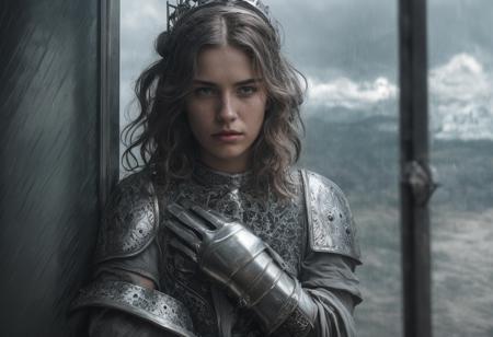 Cinematic photograph of a 18 year man wet pear shaped peasant woman in a small old village sitting on a stone fence while it's raining, he is looking furious and angry tears in his eyes and mascara flowing, eyeliner, freckles on his body ,clouds in the horizon, he is wearing a medieval (metal knight plate armor and gloves and a small silver crown:1.5), it's raining heavily, wet moving hair, black bangs hair, shallow depth of field, vignette, highly detailed, high budget Hollywood movie, bokeh, cinemascope, moody, mist, epic, gorgeous, film grain, (nuked:1.2), grainy, light leak, front, god ray ,(Style-DA:1.3) dramatic pov,  <lora:Cooltones:0.5>  <lora:DreamGlow:0.3>  <lora:EnvyBetterHiresFixXL01:1>