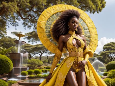 (one person), african supermodel wearing an immaculate ([red|yellow|green with golden embroidered] tailored and robe gown), intricate embroidery, straps and belts, extremely detailed face and body, toned defined ripped body, posing in  front of a glass water fountain outdoors, detailed hair, professional model photoshoot, mid shot, low angle, detailed face, detailed refractions, dof, sharp focus, <lora:weird future fashion_v3:1>