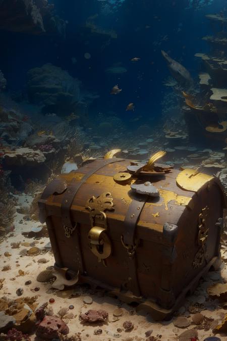 treasure chest, gold coins, pirate ship, wrecked pirate ship, wreckage, ocean floor, treasure, depths-fc, undersea, <lora:depths-fC_v1.0:1>