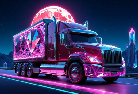 vibrant colors, shiny_skin, prefect lighting, detailed image, snoozing, masterpiece, best quality, highly detailed, ultra quality, 3DMM, 
((rp_slgd, made of crystal, crystal, crystalized, crystal world)), 
(truck made of crystal), 
On the road, outdoors, neon lights, glowing, city, skyscraper, building, sciencefiction, electricity, night, moon, moonlight,