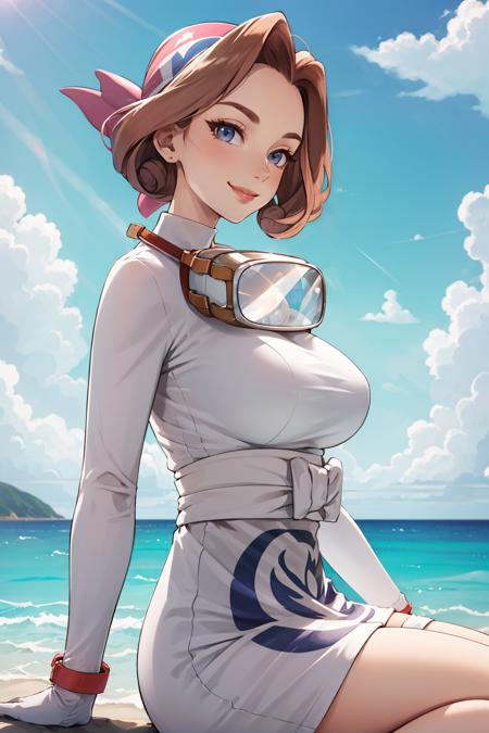 masterpiece, best quality, palina, bandana, short white dress, goggles around neck, white gloves, apron, looking at viewer, serene smile, large breasts, sitting, from side, ocean, seaside  <lora:palina-nvwls-v1-000010:0.9>