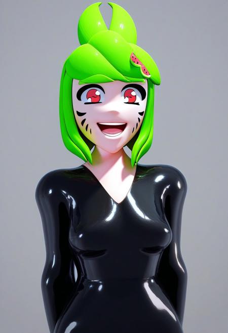 score_9, score_8_up, score_7_up, BREAK, 1girl, Melony, Green Hair, Red Eyes, Facial Marks, Watermelon Hairclip, happy, latex bodysuit <lora:EMS-391119-EMS:1.000000>
