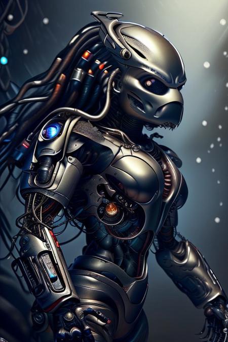 cinematic film still silverpulse, cyborg yautja, simple background, high quality, artistic, vibrant colors, detailed textures. futuristic sleek/glossy silver and blue glow, vibrant colors, detailed textures., Concept art, cyborg, background, vintage, modern, SilverPulse, <lora:SilverPulseMorphXL:0.8>, excellent composition, artistic, highly detail, holy, sunny, dynamic dramatic beautiful full taking . shallow depth of field, vignette, highly detailed, high budget, bokeh, cinemascope, moody, epic, gorgeous, film grain, grainy, front view,