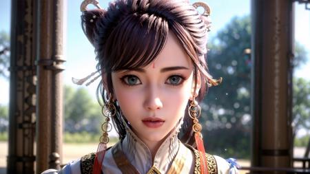 a woman with a ponytail and a bun in a video game character costume with a ponytail and a ponytail, (1girl:0.997), (blurry:1.000), (blurry background:1.000), (blurry foreground:0.999), (bokeh:0.831), (brown hair:0.880), (chinese clothes:0.894), (depth of field:1.000), (earrings:0.984), (hair ornament:0.947), (hair stick:0.888), (jewelry:0.968), (lips:0.863), (lipstick:0.688), (makeup:0.635), (motion blur:0.936), (nose:0.769), (outdoors:0.571), (solo:0.940),looking at viewer,