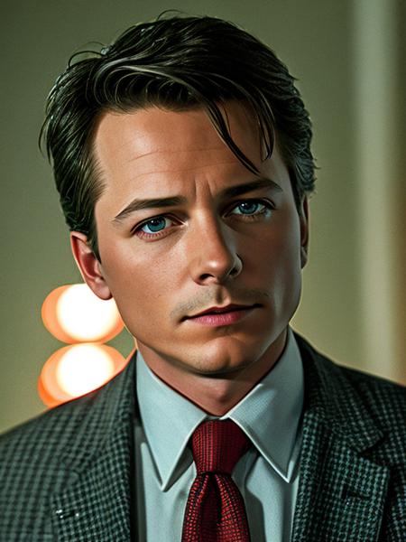 photo of (MartyMcFly:0.99) in a black houndstooth suit, with red tie, standing in the dark at night, with a streetlight background, detailed face, realistic skin, high quality, (bluegrey eyes:1.1), Leica 50mm, f1. 4, natural light, grainy, (high detailed skin:1.2), high detail