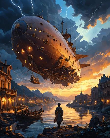 a wanderer between worlds in flowing clothes, (epic landscape:1.5),  (style Historical drawing), (style Historical painting),best quality, masterpiece, extremely detailed,  professional  art,  professional painting, an extremely delicate and beautiful, dynamic,  great lighting, perfect shading, professional shading, depth of field,   side soft light, elegant, gorgeous, highly detailed,   full shot, uncropped,   pure genious, absolutely perfect,  highly detailed, breathtaking,
image style is Osamu Tezuka  ,, at the gates of a city of the baroque era in the style of Terry Pratchet , entering the city, starfield, beautiful light scenery, cinematic lighting, godrays, light beams , ((photo raw, hdr, highres, best quality)), Low-Key Lighting and rossdraws global illumination Texture Overlay , , , at sunset ,a massive, rusting airship floating through the sky, surrounded by storm clouds and flashing lightning.,
<lora:psychedelic_trip:0.7> psychedelic trip,
<lora:EldritchRomanceIllustration1.3.1:0.5>,
<lora:- SDXL - vanta-black_contrast_V3.0:0.2>,
<lora:add-detail-xl:1>,
<lora:detailed_notrigger:1>,