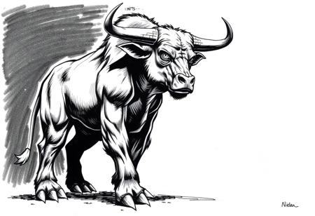 fantasy, ink art, comic style art, bull is standing with four feet, front ape's feet has 3 claws, muscular , looking at viewer, half side view
