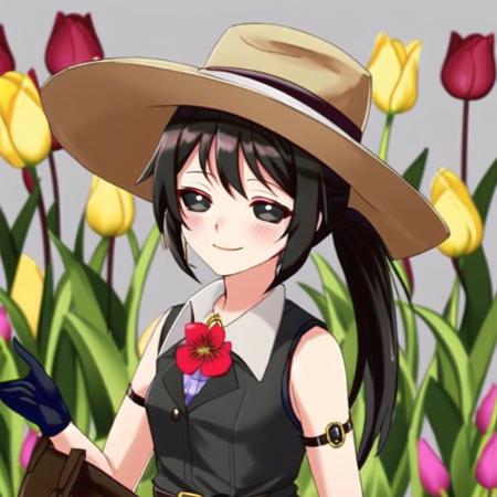 <lora:black_sclera3:1.0> , black_sclera, colored sclera, bag, belt, black hair, brown hair, closed eyes, flower, gloves, hat, jewelry, side ponytail, smile, tulip, vest