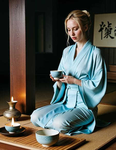 RAW analogue photo of a beautiful woman, ((pale skin)) slim blond woman, <lora:Arianwen_SDXL:0.6>,,<lora:sdxl_muromachi86.safetensors:0.6>, Intimate indoor tea ceremony with a court lady kneeling before a tatami altar, candlelight flickering across carved wood beams, pale blue crepe kimono with silver crane motifs, shallow focus on delicate porcelain tea bowl, soft shadow play. ,low light, soft natural light, Rembrandt style light, Hasselblad DLSR camera, 200mm Zeiss lens, f/2.8, ,Sexy pose, erotic pose, exhibitionism, ,futuristic highway