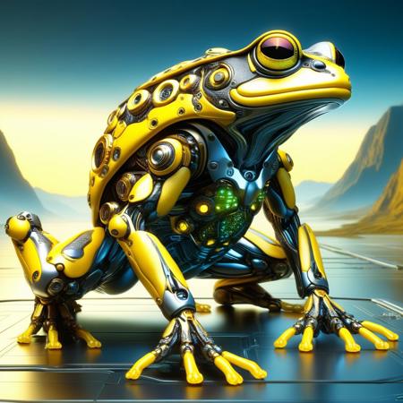 DonMX3n0T3chXL, a cyber frog, masterpiece, best quality, highly detailed, sharp focus, dynamic lighting