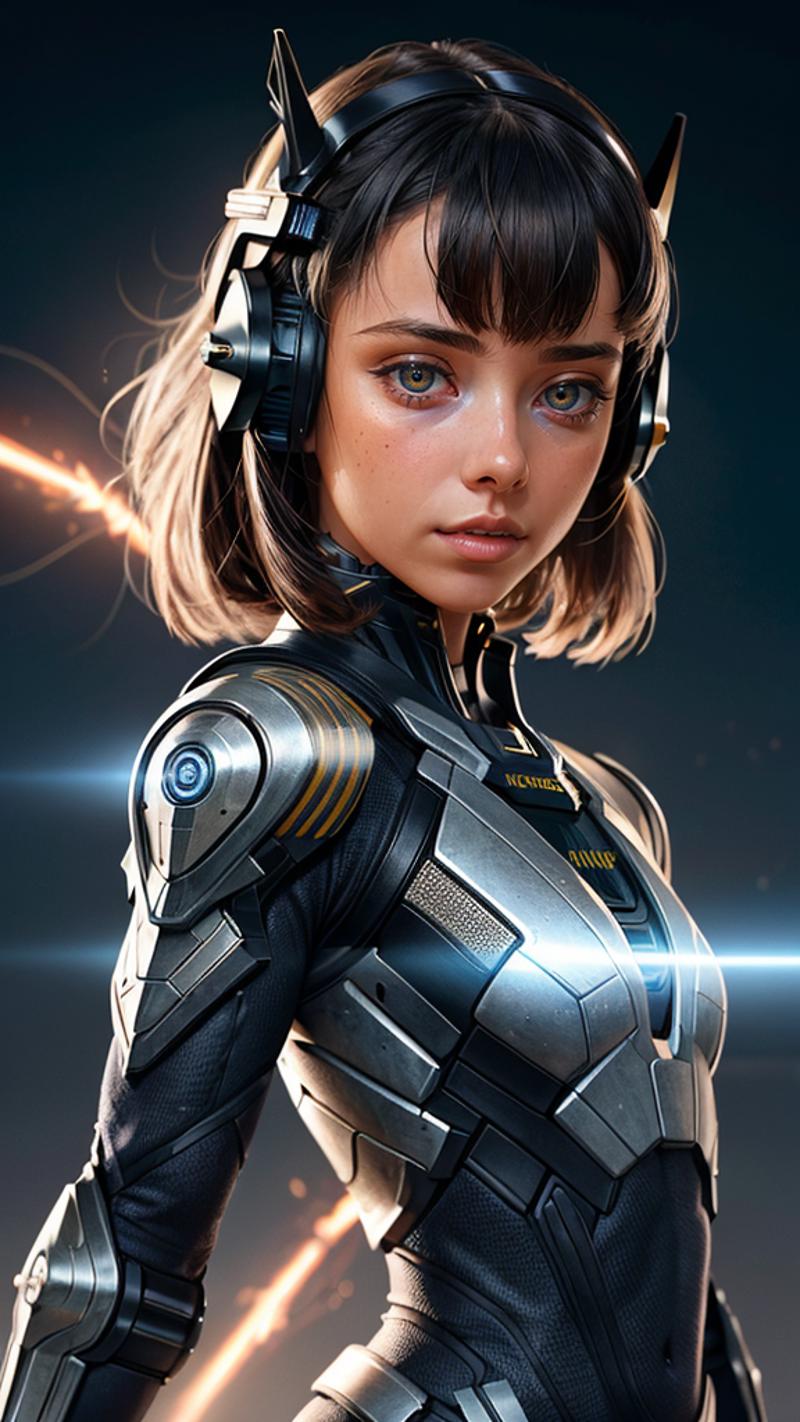A 3D render of a woman wearing a futuristic costume with a headset on.