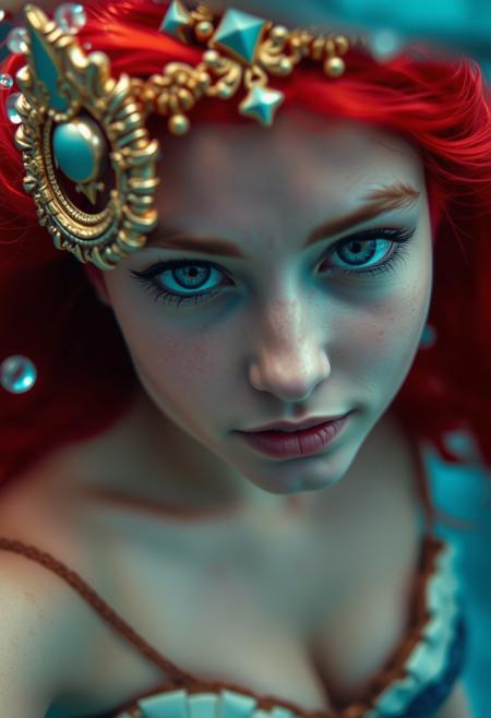Close Up shot of Ariel as a warrior princess  at the ocean, underwater, Low saturation color photography, vintage, grunge, top hard light