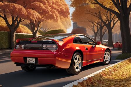 300ZX, sports car parked on a street covered with leaves in autumn in a (city:1.3), fall, global illumination, volumetric lighting, best quality, highly detailed, cgi, illustration, octane render,  <lora:300ZX:0.6>