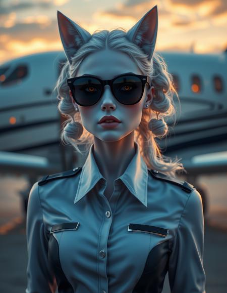 cinematic style, beauty, realism, photorealism, chiaroscuro, high quality, 1girl, pale dusky blue skin, facial markings like whiskers, white cat ears and a white cat tail, pronounced fangs, white hair in two large ringlets, a female miqote with a petite build, bright yellow eyes, cinematic photo an elegant pilot in a sleek, form-fitted flight uniform, standing in front of a luxurious private jet at sunset, her sunglasses reflecting the dramatic sky. 35mm photograph, film, bokeh, professional, 4k, highly detailed