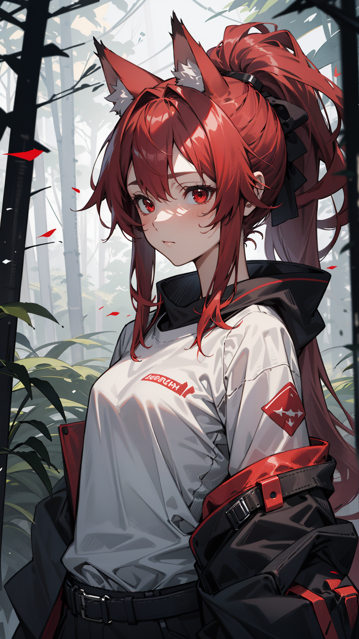 1girl, solo, small breasts, white shirt, red hair, fox ears, ponytail, standing, (upper body), forest, red eyes, closed mo...