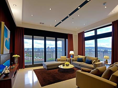 ((best quality)),((masterpiece)),((realistic)), , <lora:JJsLivingRoom:.6>, photorealistic, sky (((living room))) ,indoor scenery, indoor ,wall ,rug , lamp, flower, vase , chair,ceiling light, painting , plant, window ,curtain,couch, pillow,television,balcony,  <lora:JJsNordic_Lora:.3>,nordic,