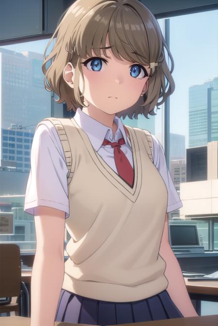 tomoekoga, <lora:tomoe koga s1-lora-nochekaiser:1>, 
tomoe koga, short hair, brown hair, blue eyes, hair clip,
BREAK skirt, shirt, school uniform, white shirt, short sleeves, pleated skirt, necktie, collared shirt, red necktie, sweater vest,
BREAK indoors, classroom,
BREAK looking at viewer, (cowboy shot:1.5),
BREAK <lyco:GoodHands-beta2:1>, (masterpiece:1.2), best quality, high resolution, unity 8k wallpaper, (illustration:0.8), (beautiful detailed eyes:1.6), extremely detailed face, perfect lighting, extremely detailed CG, (perfect hands, perfect anatomy),