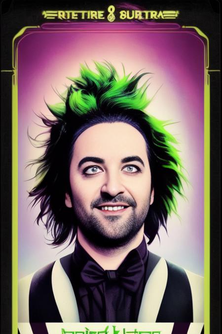 tarot card, 80s movie poster, Alex Brightman as Beetlejuice, male_focus ,wild neon green hair , trending on artstation,  rim lighting, octane rende,r frost engine 3 ,deetz1