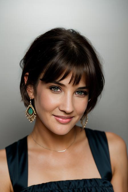 Realistic photo of a beautiful c0b13sm woman,  1girl, solo, looking at viewer, smile, short hair, brown hair, black hair, dress, jewelry, upper body, earrings, parted lips, teeth, mole, lips, grey eyes, blue dress, realistic, mole on cheek, soft lighting, professional Photography, Photorealistic, detailed, RAW, analog, sharp focus, 8k, HD, DSLR, high quality, Fujifilm XT3, film grain, award winning, masterpiece<lora:c0b13sm:1.0>